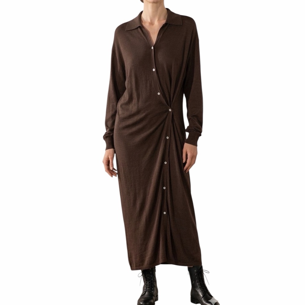 Zara Grey/Brown Draped Knit Midi Dress Collared Button Front Minimalist S/M